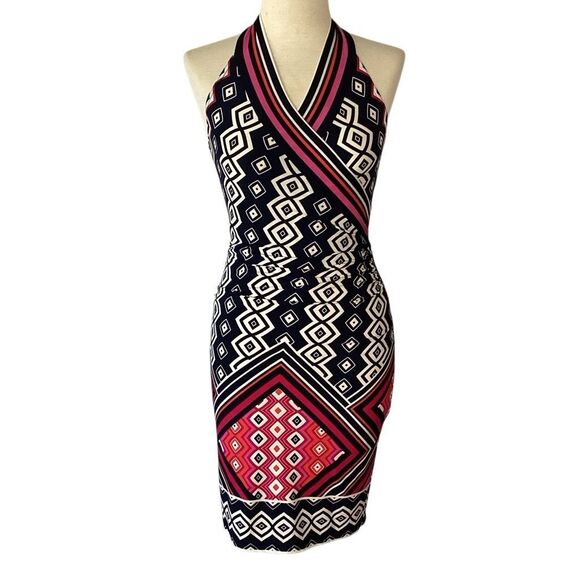 Joseph Ribkoff Women's Geometric Striped Stretch Faux Wrap Sleeveless Dress 4 - Picture 1 of 8